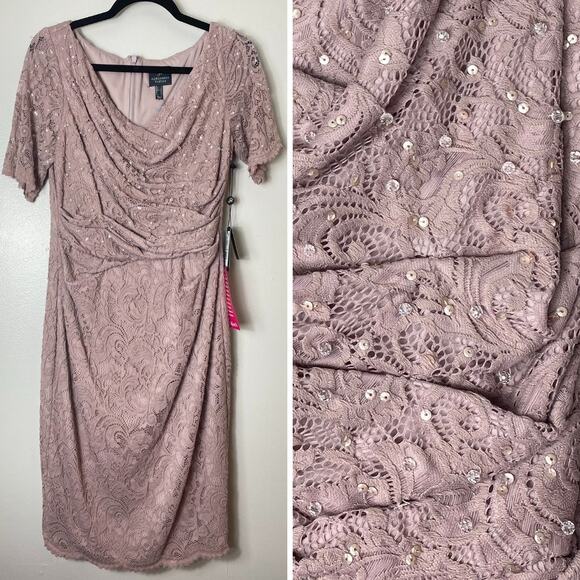 NWT ADRIANNA PAPELL DRESS 8 SEQUIN BEADED LACE EMBELLISHED WRAP PETAL MAUVE - Picture 2 of 16